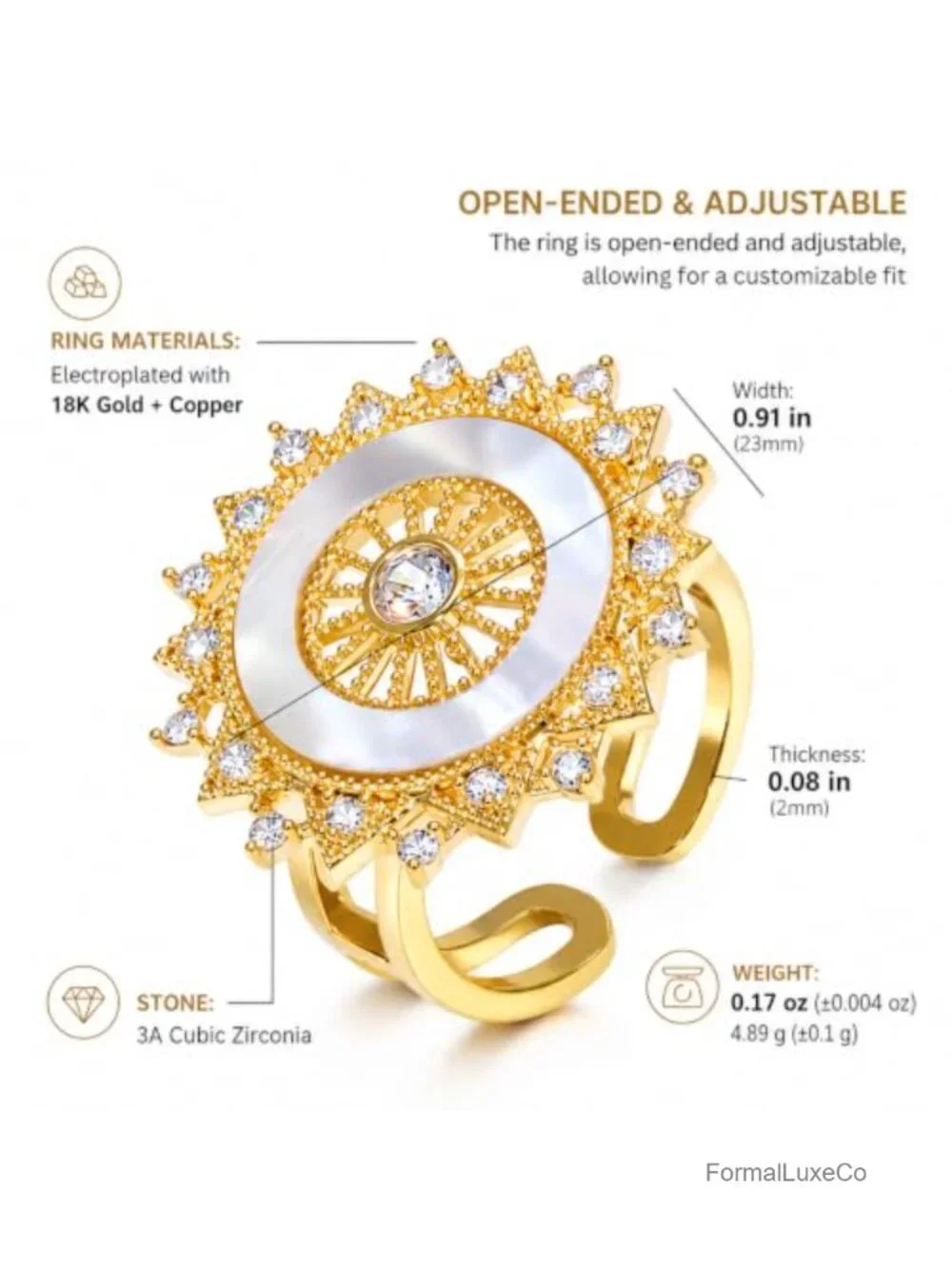 18K Gold Plated Adjustable Wide Band Ring with Cubic Zirconia